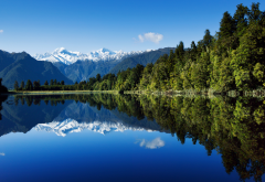 new zealand, lake, reflection, mountains, forest, water, sky, nature wallpaper