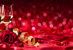 ribbon, wine, rose, petals, champagne, buds, flowers, holidays wallpaper