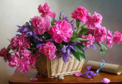 peonies, basket, flowers, bouquet wallpaper