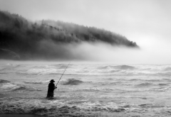 fisherman, fog, waves, extreme sports, fishing, sea, nature, fishing rod wallpaper