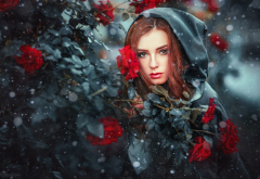 girl, model, snow, rose, women, redhead, hood wallpaper