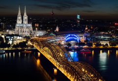 cologne, germany, cologne cathedral, architecture, river, rhine, city, building, cityscape, lights, night, bridge, city wallpaper