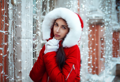 women, portrait, hood, gloves, winter wallpaper