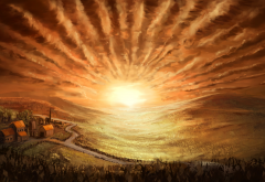 landscape, houses, field, sky, sun, painting, art wallpaper