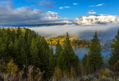 mountains, wyoming, river, autumn, clouds, trees, fog, forest, grand teton national park, usa, nature wallpaper