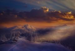 alps, house, clouds, forest, italy, landscape, mist, mountains, nature, snow, winter wallpaper