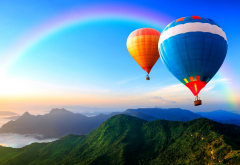 sky, rainbow, balloons, mountains, hot air balloon wallpaper