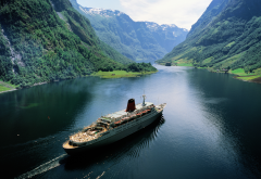 norway, fjord, ship, mountains, nature wallpaper