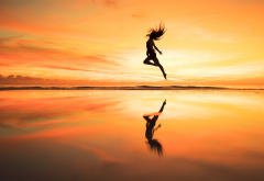 women, sunset, photo, beach, sea, girl, jumping, reflection wallpaper