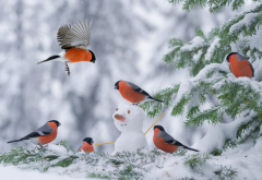 birds, bullfinch, winter, tree, snow, snowman, animals wallpaper