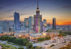 palace of culture and science, warsaw, poland, sunset, city, skyscrapers wallpaper