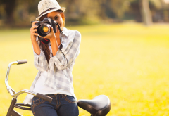 girl, camera, photo, smiling, bicycle, hat, jeans, women wallpaper
