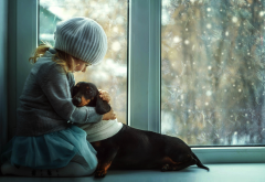 girl, dog, baby, window, puppy, animals wallpaper