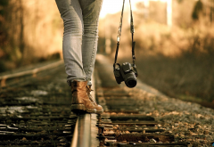 legs, jeans, rails, railway, camera wallpaper