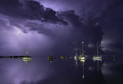 thunderstorm, sea, clouds, yachts, reflection, nature, lightning wallpaper