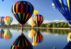 hot air balloon, lake, reflection wallpaper