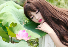 asian, long hair, makeup, flowers, women, plants, closed eyes, face, lotus wallpaper