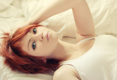 women, model, redhead, long hair, Vladlena Venskaya, lying on back, looking at viewer, blue eyes, ta wallpaper