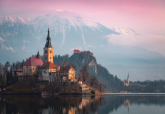 bled lake, nature, landscape, lake, slovenia, mountains, alps, church, dawn, morning, bled wallpaper