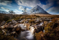 scotland, highlands, mountains, grass, river, stones, nature wallpaper