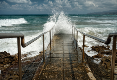 sky, waves, surf, stairs to the sea, shore, rocks, pier, nature wallpaper