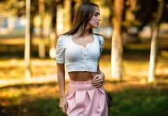 outdoors, women, girl, skirt, blouse wallpaper