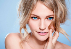 blonde, face, blue eyes, smiling, closeups, Sasha Pivovarova wallpaper