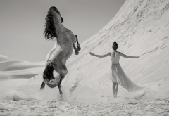 women, black and white, sand, horse, dress wallpaper