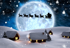 3d graphics, winter, holidays, christmas, night, snow, moon, reindeer, santa, new year wallpaper
