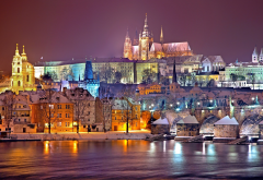prague, city, evening, winter, snow, river, czech republic wallpaper