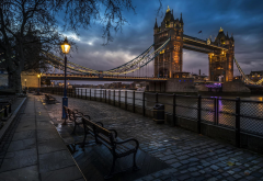 city, London, England, Tower Bridge, bridge, street, street light, night, cobblestones, River Thames wallpaper