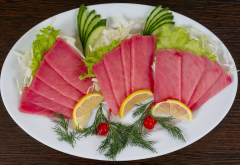 trout, slices, vegetables, food wallpaper