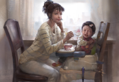 women, chair, children, breakfast, drawing, art wallpaper