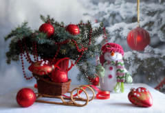 holidays, new year, christmas, table, branches, spruce, toys, decorations, snowman wallpaper