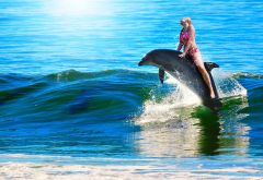 woman, dolphin, ocean, sea wallpaper