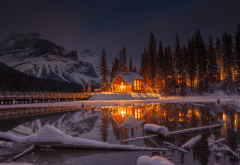 snow, lake, house, bridge, mountains, forest, sky, reflections, winter, nature wallpaper