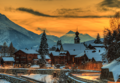 switzerland, mountains, house, winter, evening, town, sunset wallpaper