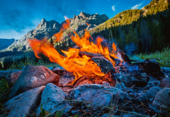 bonfire, flame, mountains, sky, nature, fire, campfire, beaver park, wind rivers, wyoming, usa wallpaper