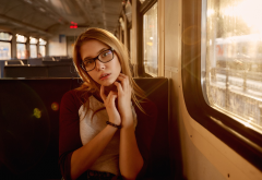 women, portrait, brunette, glasses, sitting, train wallpaper