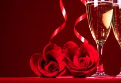 holidays, flowers, red rose, glasses, champagne, petals wallpaper