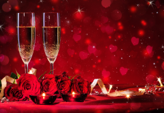 holidays, flowers, roses, ribbon, glasses, champagne, heart, sparkles wallpaper