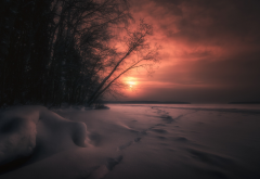sunset, twilight, winter, snow, clouds wallpaper