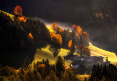 nature, landscape, autumn, hills, meadows, trees, houses wallpaper