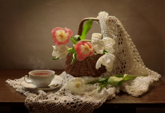 table, cup, tea, flowers, tulips wallpaper