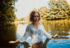 model, women, redhead, blouse, river, pond wallpaper