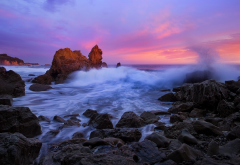 stones, california, pacific ocean, wave, rocks, sunset, corona del mar, ocean, nature wallpaper