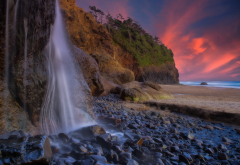 sunset, stones, rocks, oregon, coast, pacific ocean, hug point state park, hug point falls, nature, waterfall wallpaper
