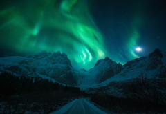 light, snow, mountains, winter, northern lights, road, night, moon, nature wallpaper