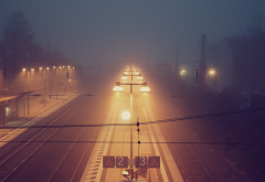 train station, night, mist, fog, railroad wallpaper