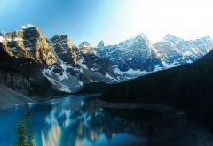 moraine lake, canada, lake, mountains, snow, forest, nature, landscape wallpaper